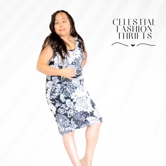 GEORGE WOMENS MEDIUM MIDI DRESS BLACK. & WHITE FLORAL WIITH BUCKLE - Picture 2 of 5